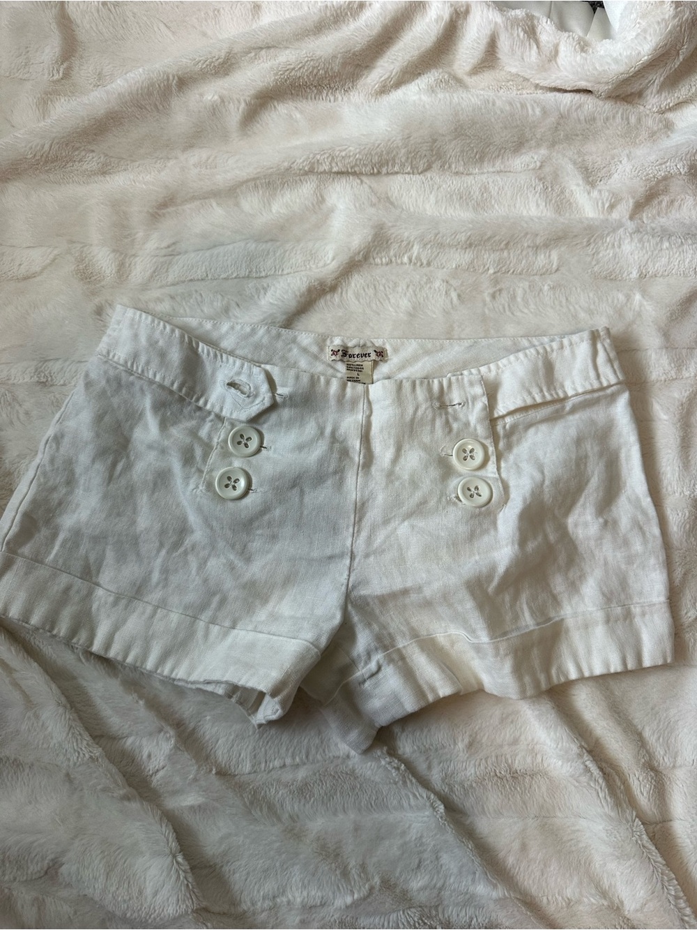 High-Rise White Linen-Blend Sailor Shorts with Button Detail